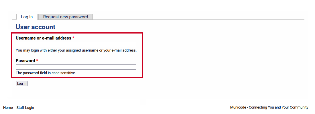 The Username or email address and Password fields on the User account screen.