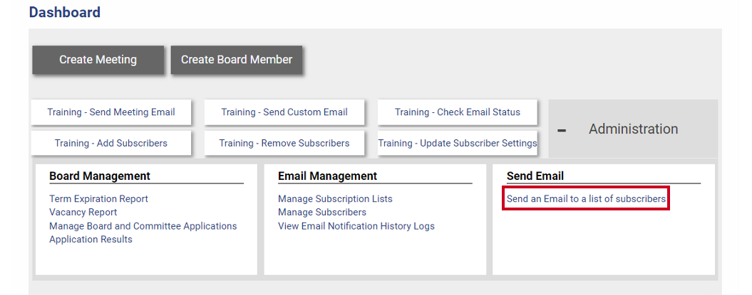 The Send an Email to a list of subscribers link.