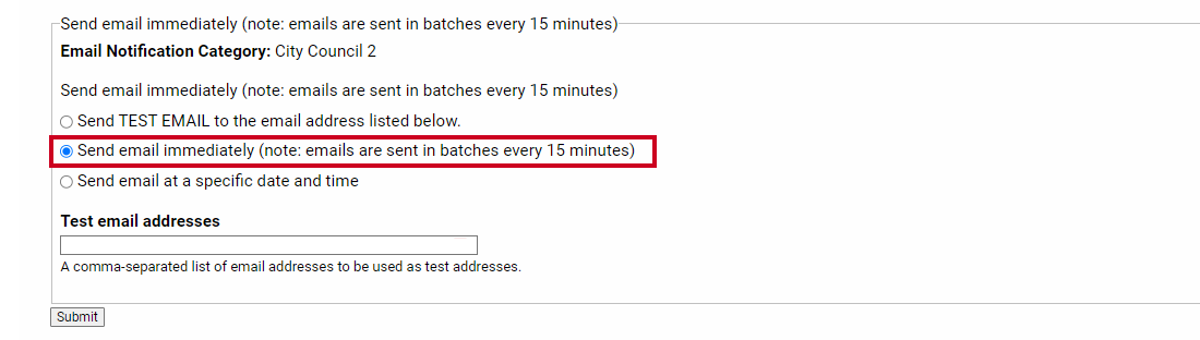 The Send email immediately radio button.