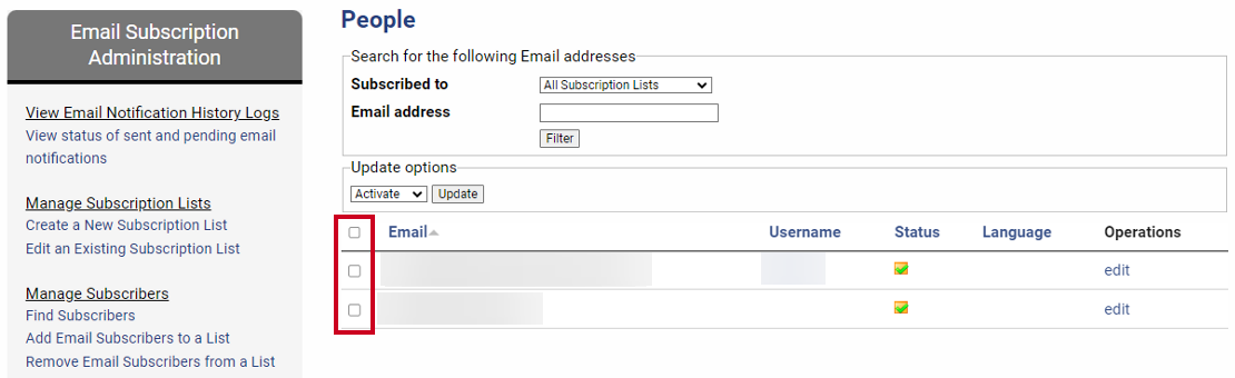 Checkboxes that can be checked to select one, more, or all rows in the subscriber table.