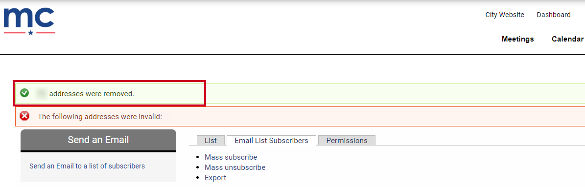 A green, rectangular popup message that states how many addresses have been removed.
