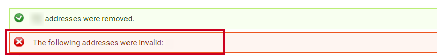 A red, rectangular popup message that lists invalid email addresses.
