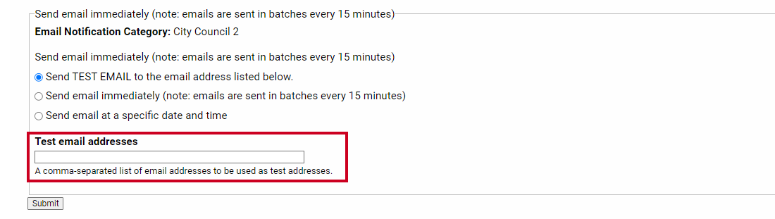 The Test email addresses field.