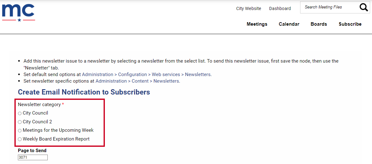 Newsletter category radio buttons.