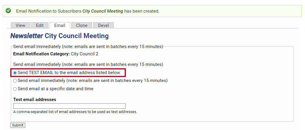 The Send Test Email radio button.