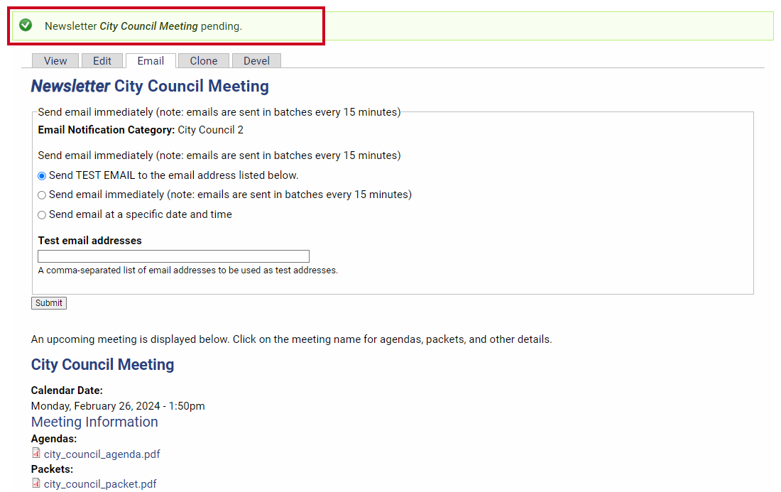 A green, rectangular pop-up message which explains that the newsletter is pending.