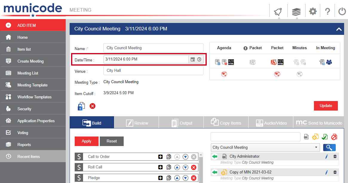 The meeting detail screen Date/Time field.