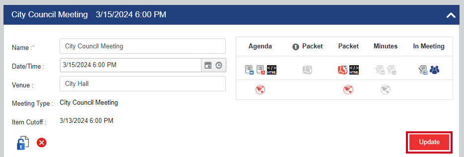 A red, rectangular Update button.