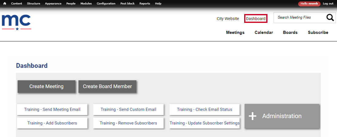 A Dashboard link in the top-right corner of the page to the left of the Search Meeting Files box.