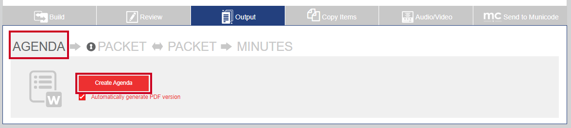 The red, rectangular Create Agenda button on the Agenda subtab.