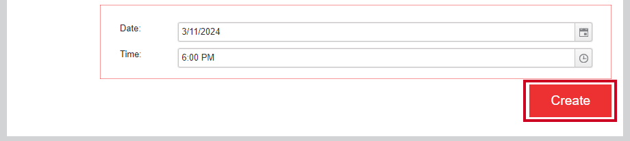 A red, rectangular Create button that saves a new meeting to the system.