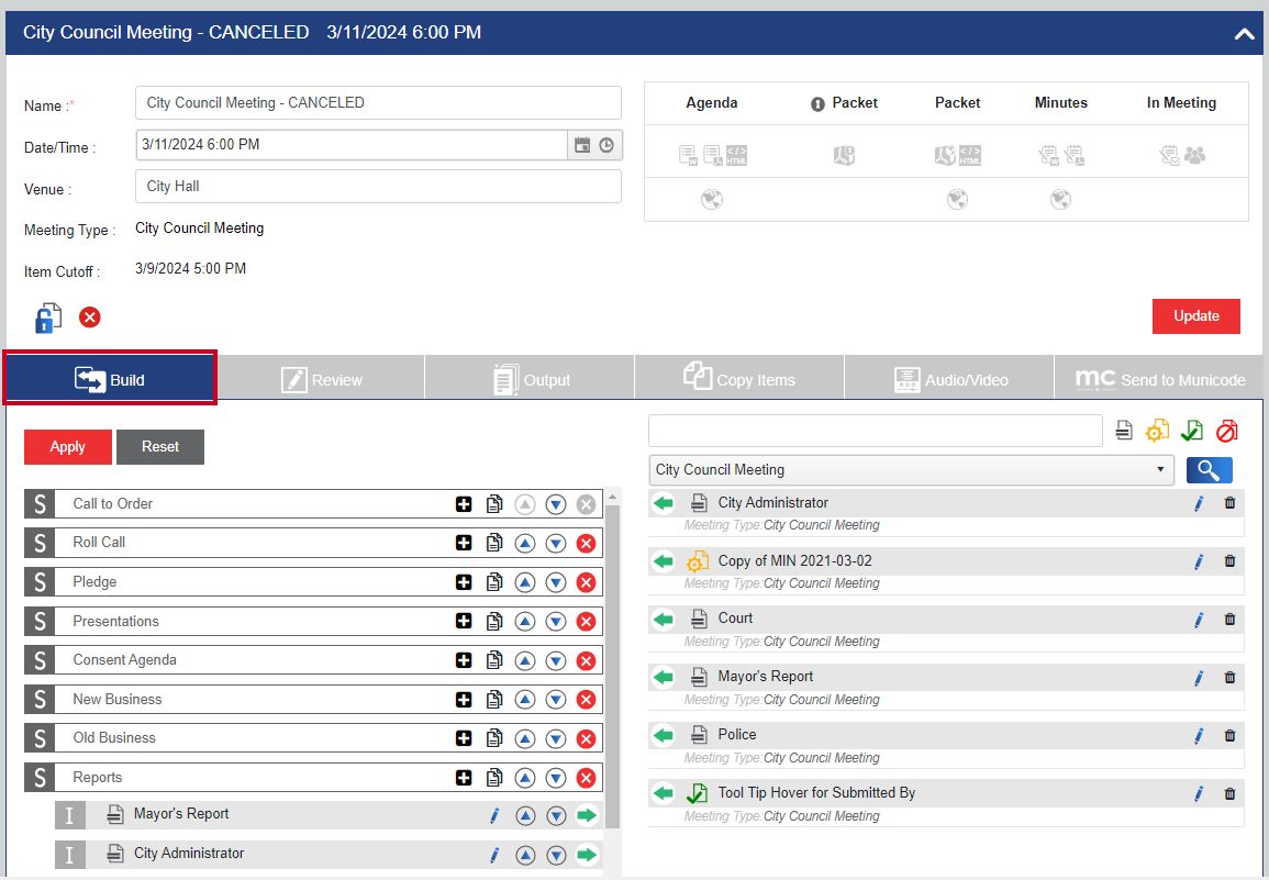 The Build tab which allows you to make changes to the order of business and items for the meeting.
