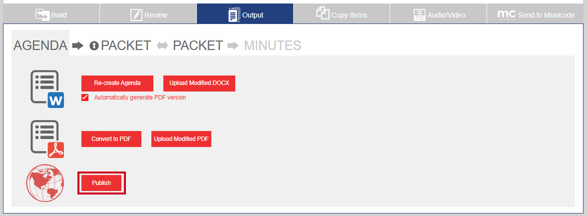 A red, rectangular Publish button.
