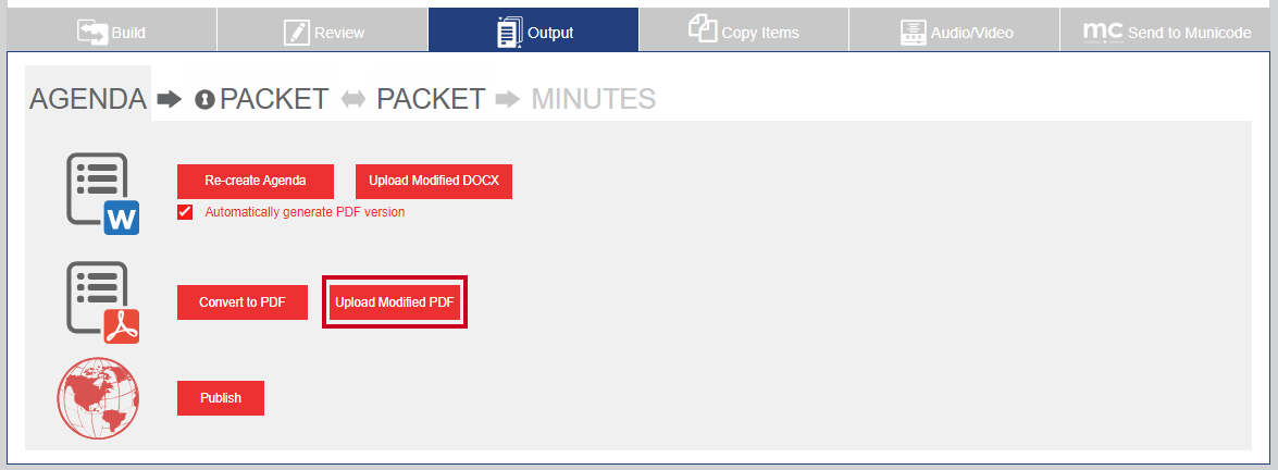 The red, rectangular Upload Modified PDF button.