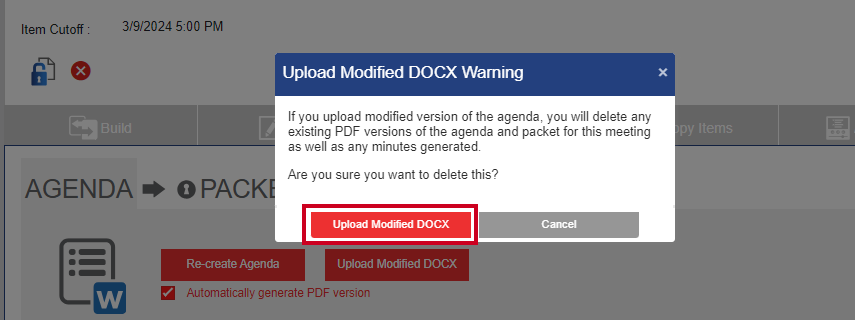 The red, rectangular Upload Modified DOCX button on an Upload Modified DOCX warning pop-up.