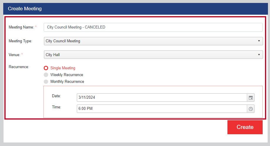 The Create Meeting informational fields that allow you to establish the details of a new meeting.