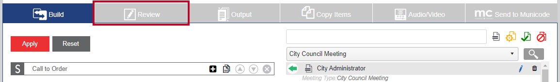 The Review tab which allows you to make changes to agenda content and attachments for the meeting.