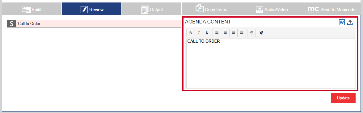 An Agenda content textbox in which you can type or enter text that will appear in the agenda.