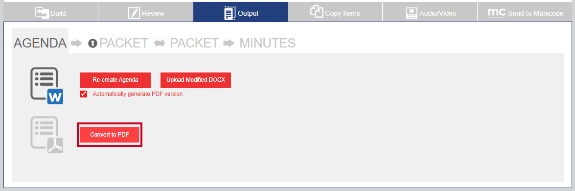 The red, rectangular Convert to PDF button which can be clicked to reformat a Word document into a PDF.