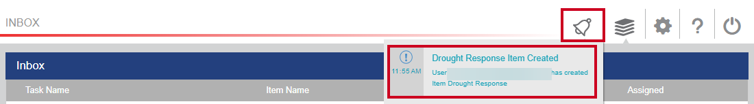 The Notifications button in the page header and an example notification message about the item.