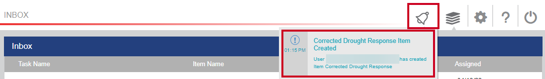 The Notifications button in the page header and an example notification message about the item.