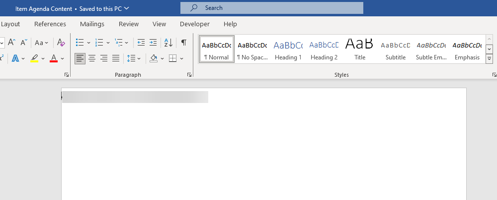A Microsoft Word screen with example Agenda Content text.