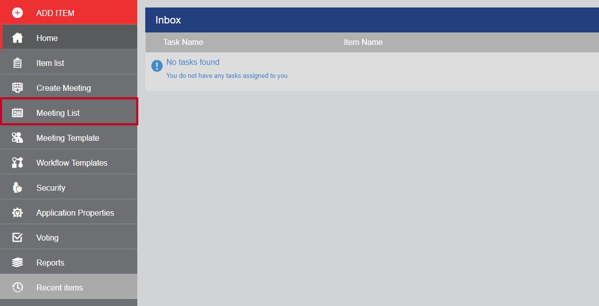 The Meeting List option in the navigation menu.